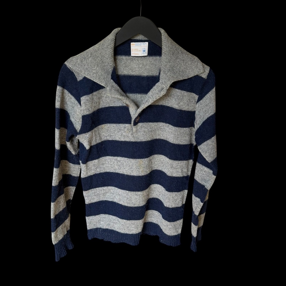 70's Vintage JCPenney Wool Blend Striped Sweater Navy Gray Size M 38-40
